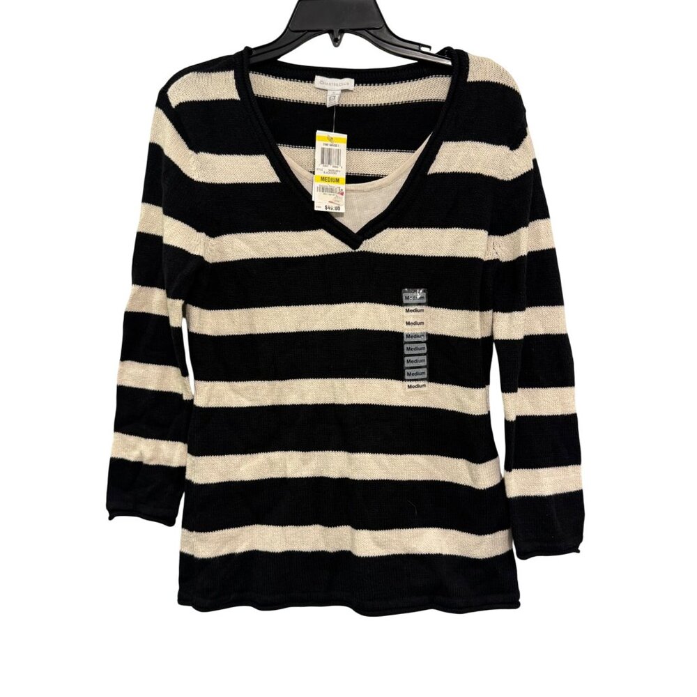 Charter Club Stripe Sweater Women’s Medium Black/Ivory Cotton Lightweight 3/4 Sl